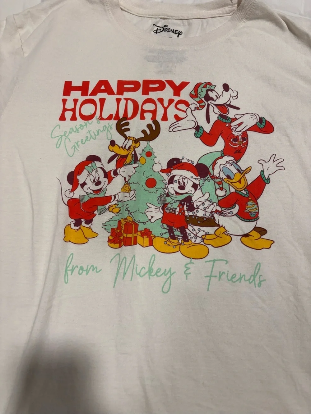 Disney White Holiday Mickey & Friends Graphic Tee with Red and Green Accents XL
